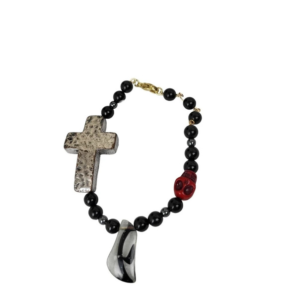14K Gold Plated Natural Tourmaline Beads Black Metal Cross Red Skull - Picture 5 of 6